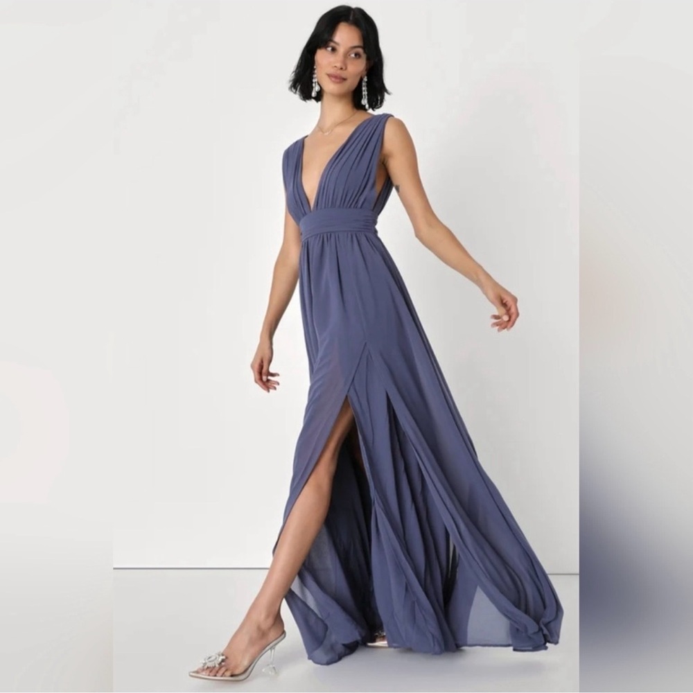 Lulu's Slate Blue Deep V Maxi Dress with Front Slit